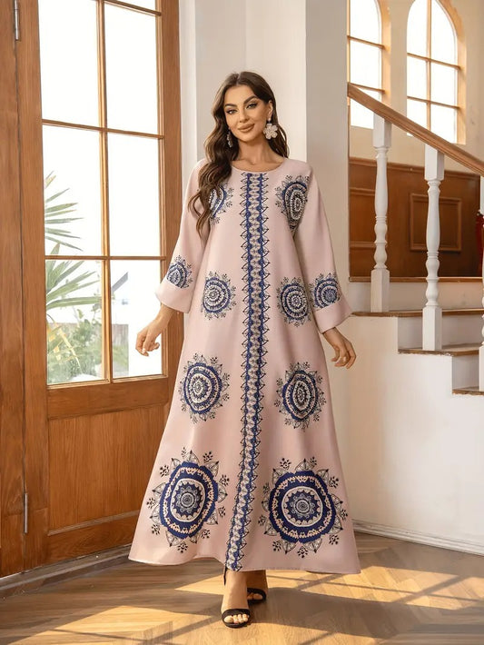 Long Women's Robe, Round Neck And Printed Dress - Enfance-Heureuse