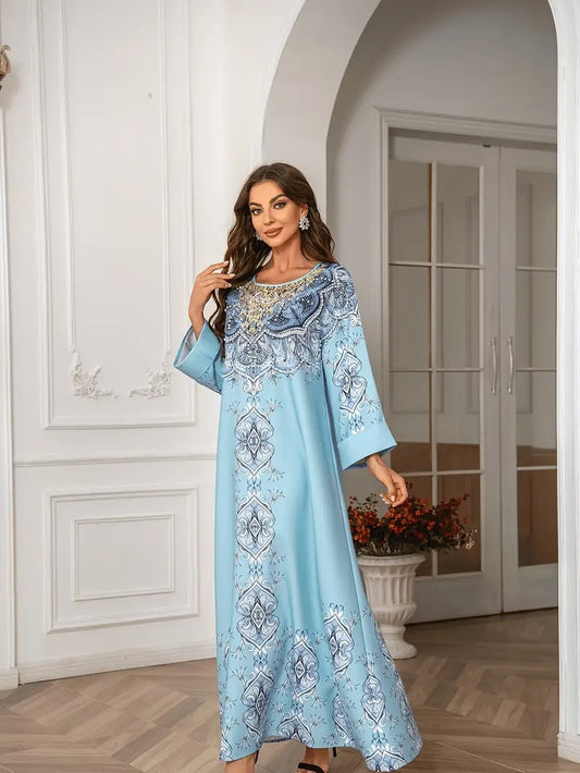 Vestido Abaya extra largo de manga larga con detalle de encaje estampado