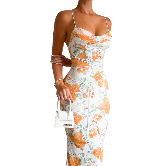 Waist Trimming Spaghetti Straps Printed Lace Up Dress - Enfance-Heureuse