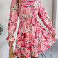 Standing Collar Floral Print Waist-controlled Long Sleeves Ruffled A-line Dresses For Women Spring Autumn Ruffle Edge Long Dress - Enfance-Heureuse