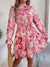Standing Collar Floral Print Waist-controlled Long Sleeves Ruffled A-line Dresses For Women Spring Autumn Ruffle Edge Long Dress - Enfance-Heureuse