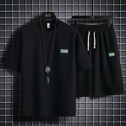 Tracksuit Short Sleeve Set Waffle Cotton Breathable Plaid Fabric Mens Casual Two Piece Set Fashion Sports Suit - Enfance-Heureuse