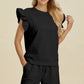 Double Take Full Size Texture Round Neck Ruffle Sleeve Top and Shorts Set - Enfance-Heureuse