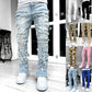 Men Trousers Individual Patched Pants Long Tight Fit Stacked Jeans For Mens Clothing - Enfance-Heureuse