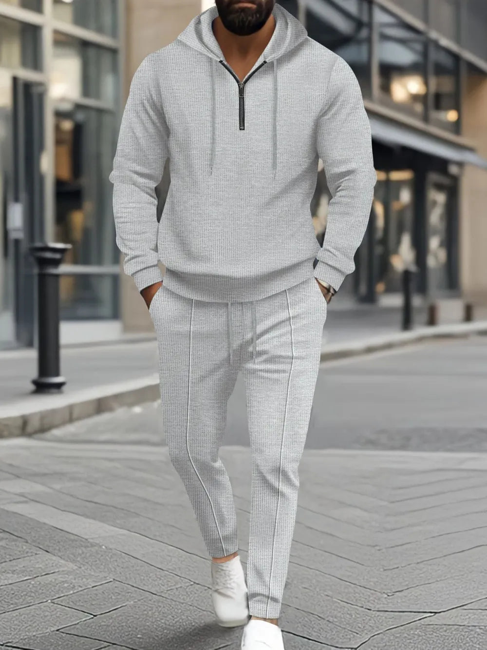 Men's Full Size Waffle-Knit Half Zipper Hoodie and Pants Set Plus Size - Enfance-Heureuse
