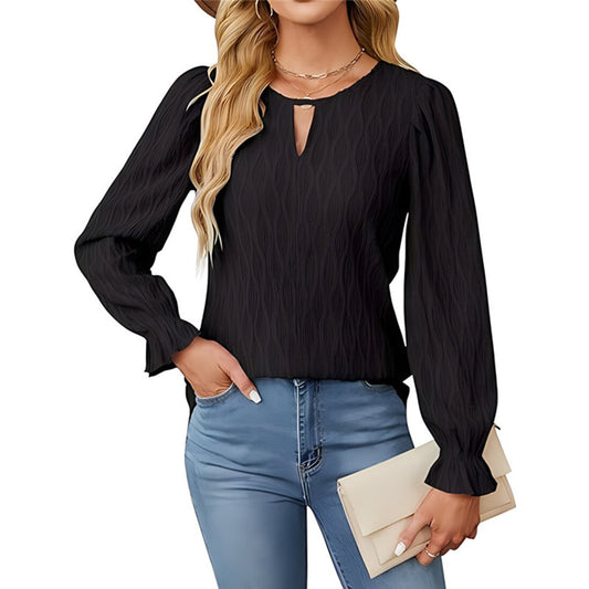 Jacquard Round Neck Long Sleeve Top Women's Clothing - Enfance-Heureuse