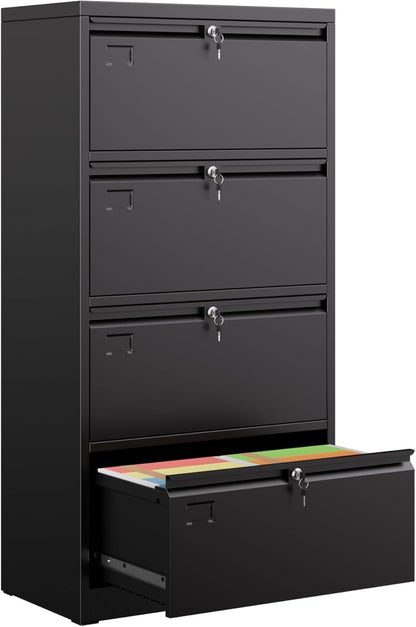 4 Drawer Lateral File Cabinet, Metal Wide Filing Cabinet With Independent Locks, Home Office Furniture For Hanging Files Letter Legal F4 A4 Size, Assembly Required, Black