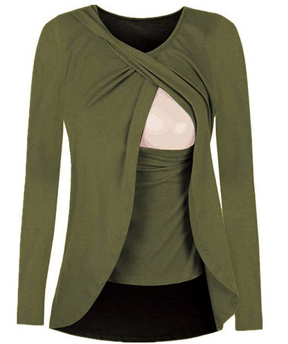 Europe maternity cotton round neck can uncover feeding pregnant women leisure all-match solid color shirt blouse 8962 - Enfance-Heureuse