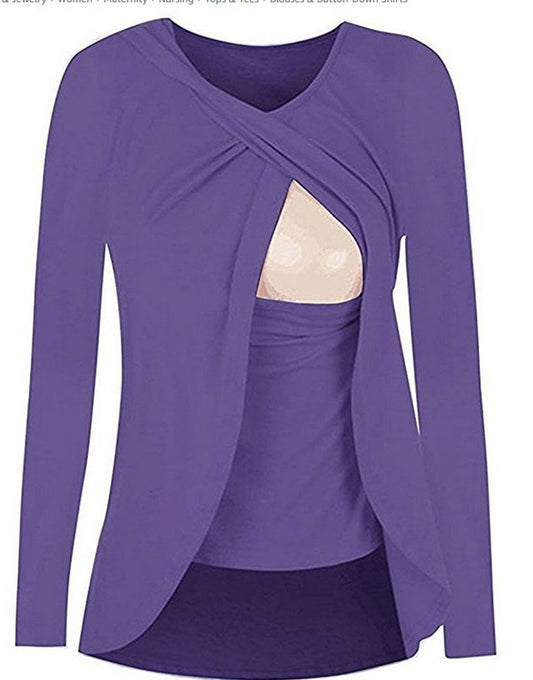 Europe maternity cotton round neck can uncover feeding pregnant women leisure all-match solid color shirt blouse 8962 - Enfance-Heureuse