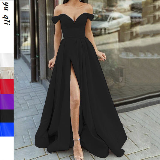 Women's Clothing Multi-color Tube Top V-neck Backless Large Swing Split Sleeveless Dress - Enfance-Heureuse