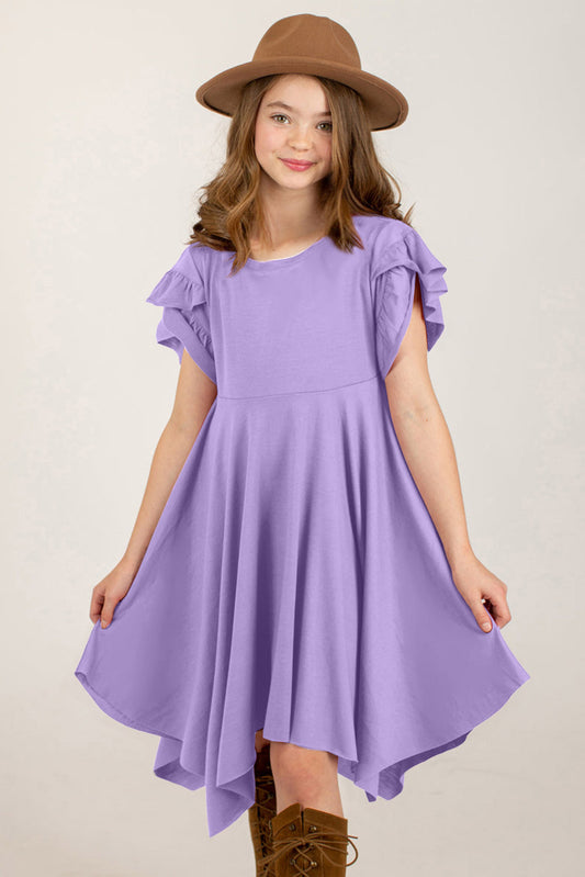 Round Neck Petal Sleeve Dress - Enfance-Heureuse