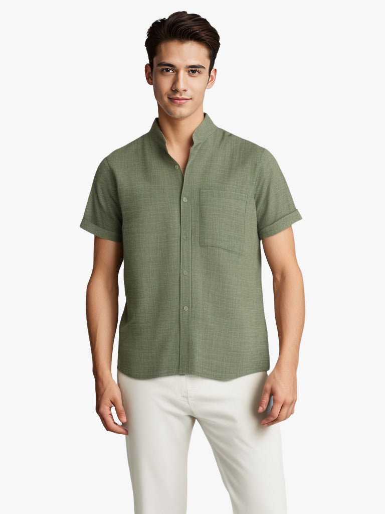 Solid-color Short-sleeved Lapel Shirt Summer Breathable Cotton And Linen Top Mens Clothing - Enfance-Heureuse