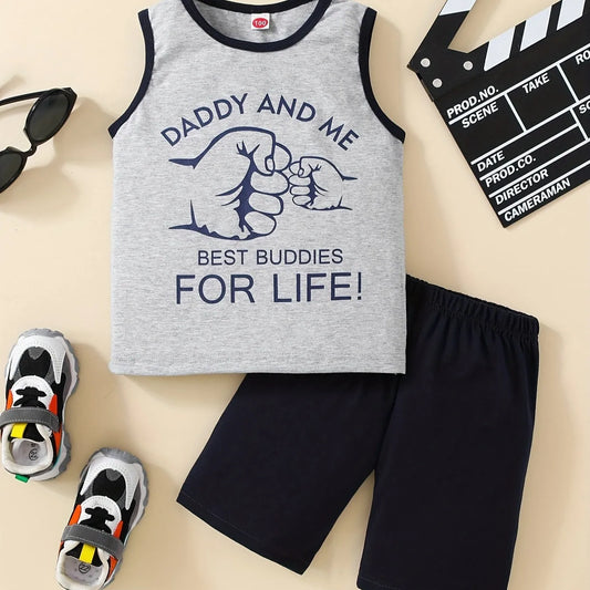 Summer Trendy Boys Letter Fist Print Sleeveless Casual Pants Suit