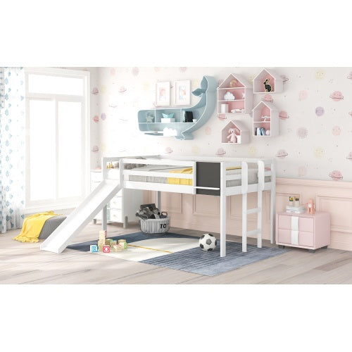 Twin Size Loft Bed Wood Bed With Slide, Stair And Chalkboard,White - Enfance-Heureuse