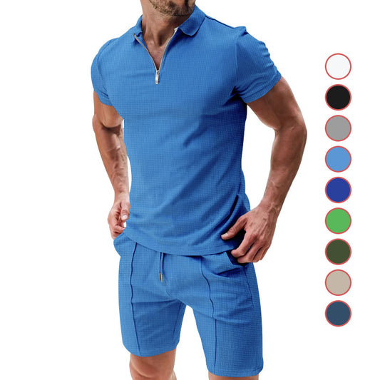 2Pcs Casual Waffle Suit Summer Zipper Lapel Short-sleeved Top And Drawstring Pockets Shorts Versatile Solid Color T-shirt Set For Mens Clothing - Enfance-Heureuse