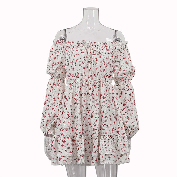 Sexy Off-neck Puff Sleeve Pleated Tube Top Printed Waist-controlled Dress
