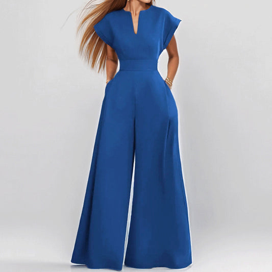 Women's V-Neck Solid Color Short Sleeve Jumpsuit Wide Leg A-Line Waist Tied Casual Summer Outfit - Enfance-Heureuse