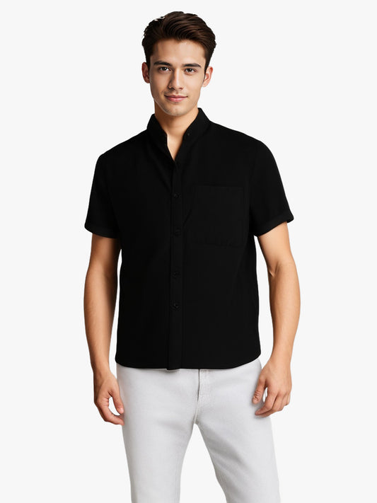 Solid-color Short-sleeved Lapel Shirt Summer Breathable Cotton And Linen Top Mens Clothing - Enfance-Heureuse