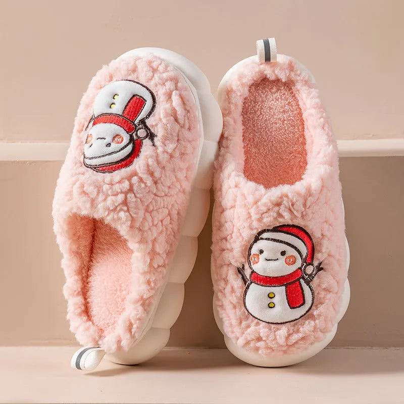 Pantoufles mignonnes de bonhomme de neige pour l'hiver, intérieur, en peluche chaude, à semelles épaisses, antidérapantes, pantoufle de maison, chaussures de maison - Enfance-Heureuse