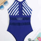 Mesh Detail Backless Striped One-Piece Swimsuit - Enfance-Heureuse