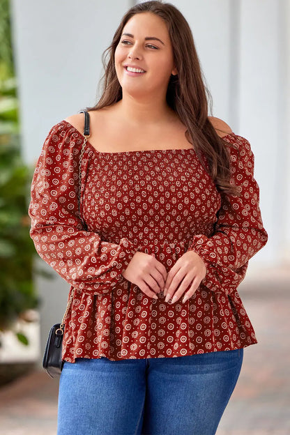 Plus Size Square Neck Balloon Sleeve Peplum Blouse - Enfance-Heureuse