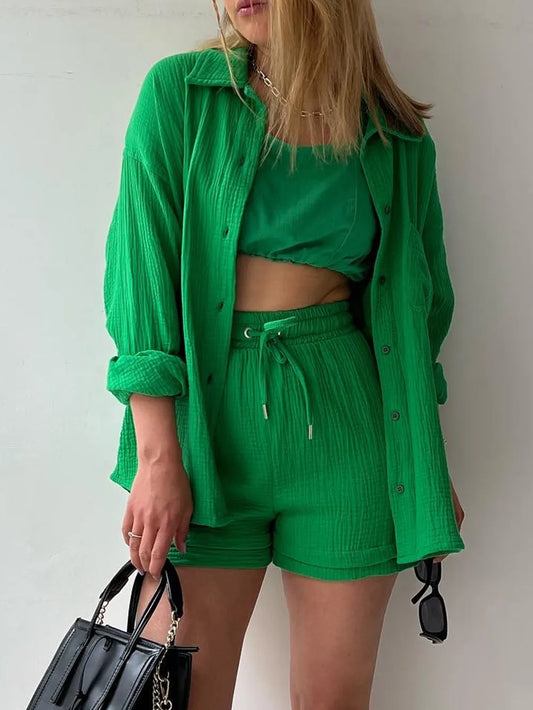 Texture Button Up Shirt and Drawstring Shorts Set - Enfance-Heureuse