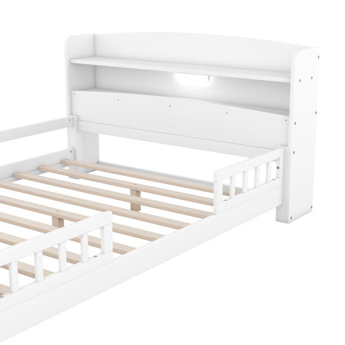 Wood Full Size Platform Bed With Built-in LED Light, Storage Headboard And Guardrail, White