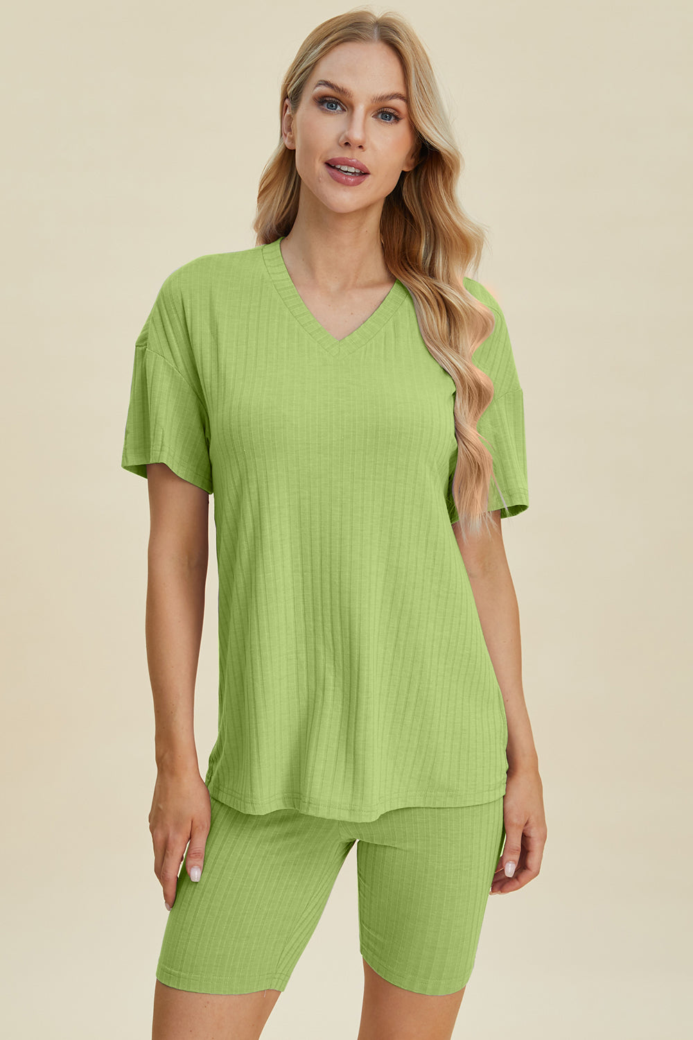 Basic Bae Full Size Ribbed V-Neck Short Sleeve Top and Shorts Set - Enfance-Heureuse