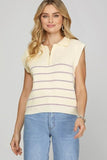 She + Sky Ribbed Hem Striped Half Zip Sweater Vest - Enfance-Heureuse