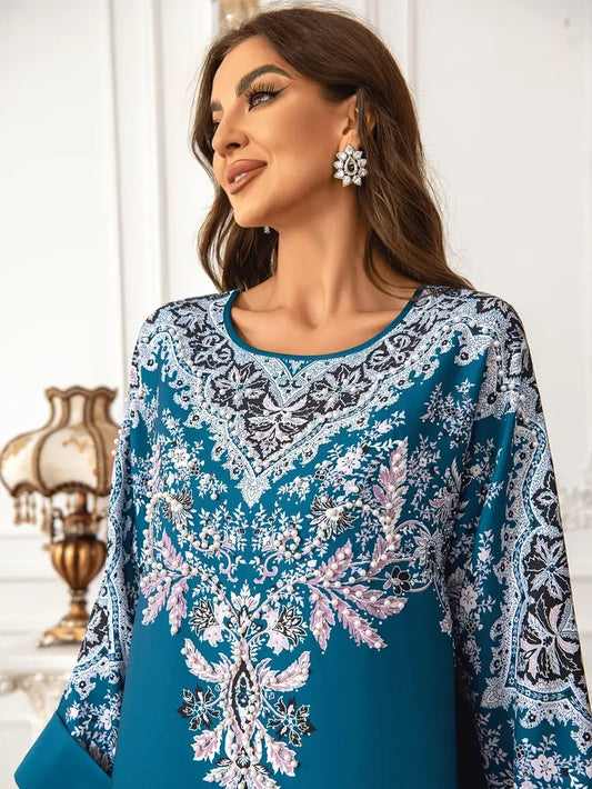 Printed Long Kaftan Dress - Long Sleeved, Round Neck With Bead Embellishment - Enfance-Heureuse