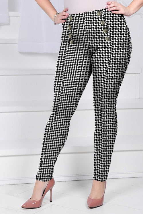 Ladies' Thousand Bird Grid Design Button Casual High Waist Slimming Pants