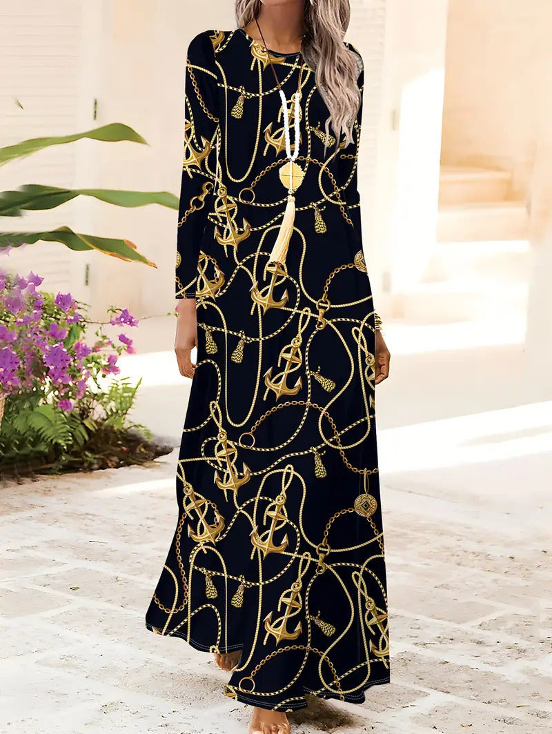 European And American Long Sleeve Artistic Retro Geometric Printed Round Neck Pullover Dress