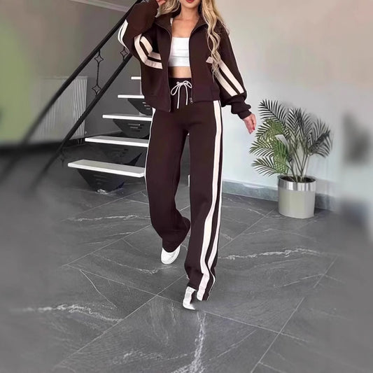 Autumn Striped Zipper Top Casual Sports Suit