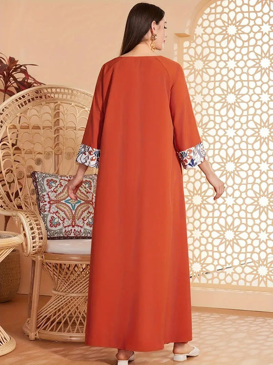 Elegant Floral Print Long Sleeved Abaya Robe Dress - Enfance-Heureuse