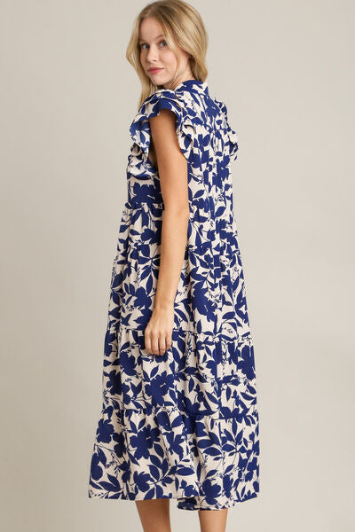 Umgee Full Size Floral Collared Ruffle Cap Sleeve Midi Dress Plus Size - Enfance-Heureuse