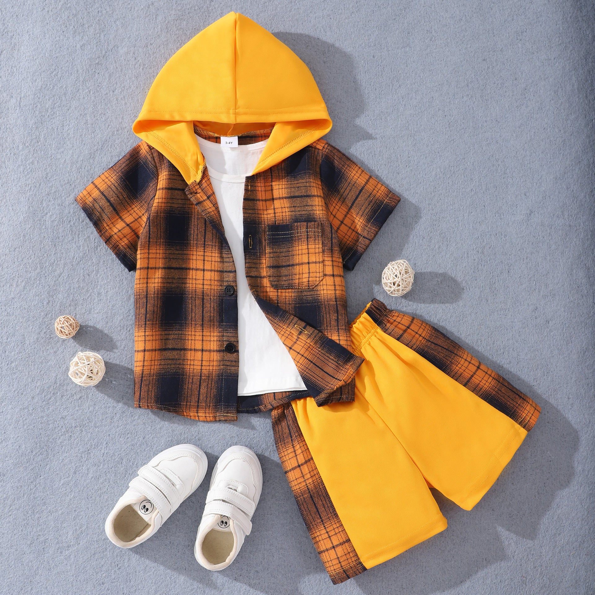 Fashion Children's Short Sleeve Hooded Plaid Suit - Enfance-Heureuse