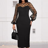 Women's Clothing Dot Mesh Patchwork Waist-slimming Sheath Long Sleeve Dress