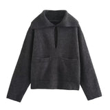 Simple Big Lapel Long Sleeve Pocket Pullover Sweater - Enfance-Heureuse