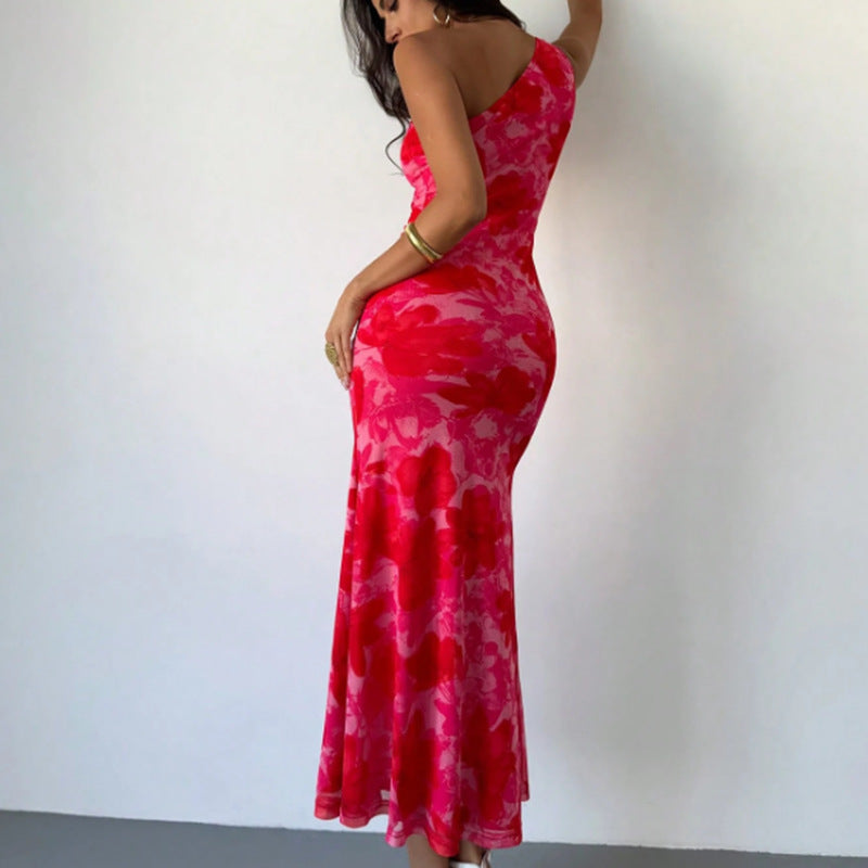 European And American Style Irregular Pattern Print Shoulder Belt Sling Dress Women