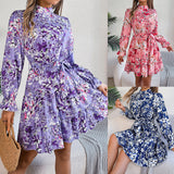 Standing Collar Floral Print Waist-controlled Long Sleeves Ruffled A-line Dresses For Women Spring Autumn Ruffle Edge Long Dress - Enfance-Heureuse