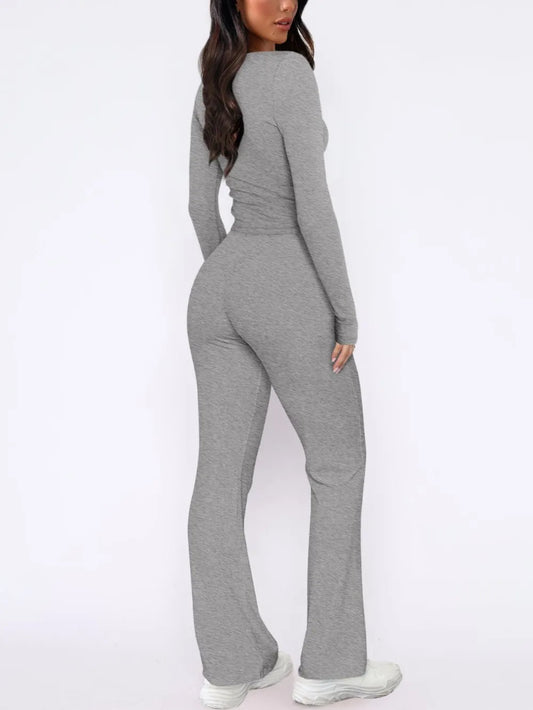 V-Neck Long Sleeve Top and Pants Set - Enfance-Heureuse