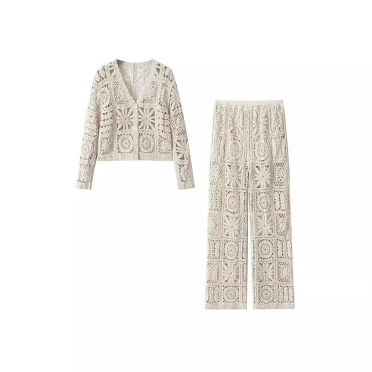 Women's Fashion Three-dimensional Hollow-out Crocheted V-neck Knitted Cardigan Wide-leg Lace Pants - Enfance-Heureuse