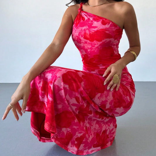 European And American Style Irregular Pattern Print Shoulder Belt Sling Dress Women - Enfance-Heureuse