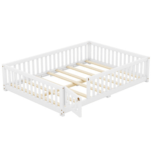 Full Size Bed Floor Bed With Safety Guardrails And Door For Kids, White - Enfance-Heureuse