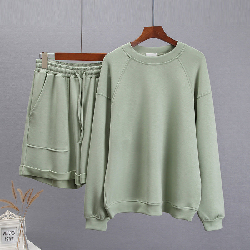 Women's Fashion Casual Solid Color Round Neck Long Sleeve Sweater Shorts Set - Enfance-Heureuse
