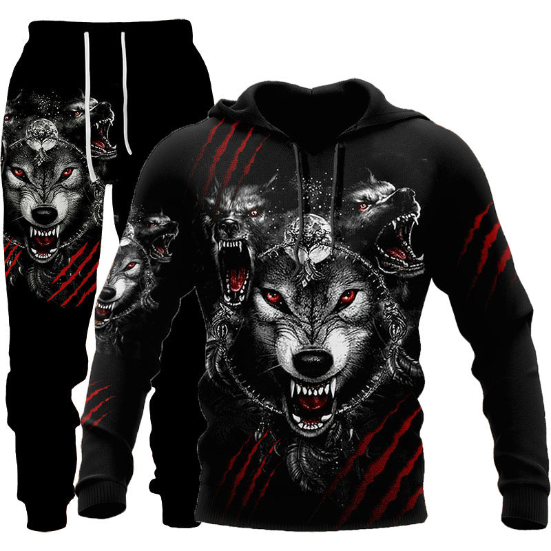 3D Wolf Print Tracksuit Men Sportswear Hooded Sweatsuit Two Piece Outdoors Running Fitness Mens Clothing Jogging Set - Enfance-Heureuse