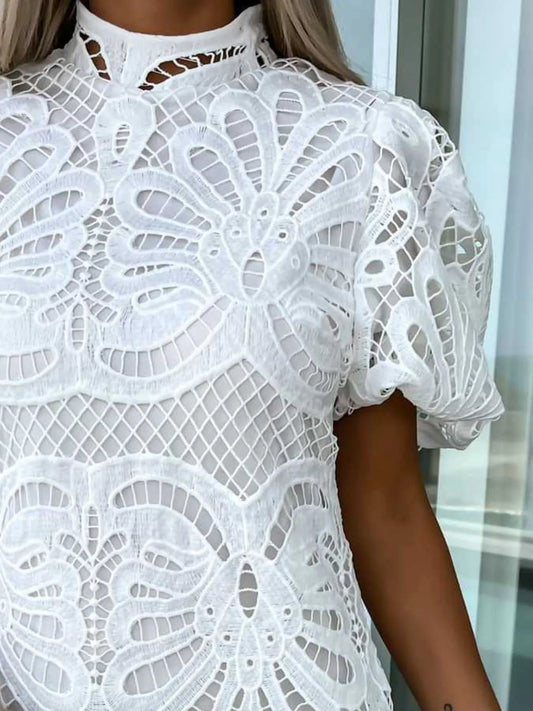 Lace Mock Neck Puff Sleeve Dress - Enfance-Heureuse