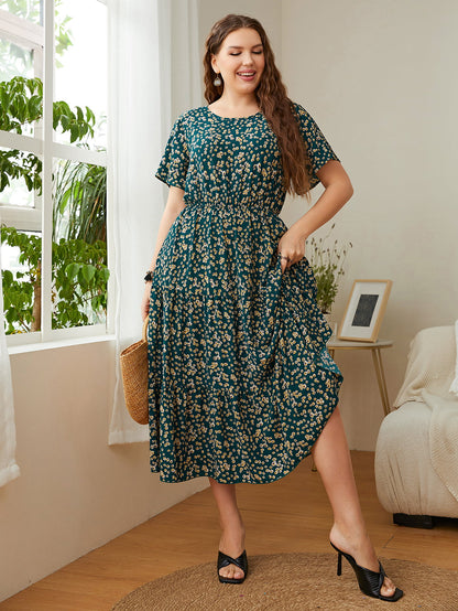 Honey Plus Size Floral Round Neck Short Sleeve Midi Dress - Enfance-Heureuse