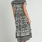 Umgee Full Size Two Tone Border Print Ruffle Cap Sleeve Midi Dress Plus Size