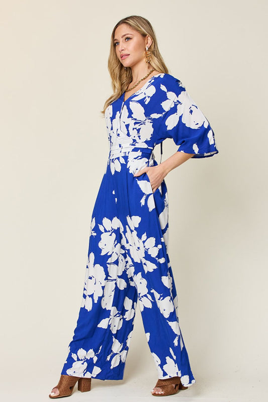 Double Take Full Size Printed Tie Back Wide Leg Jumpsuit - Enfance-Heureuse